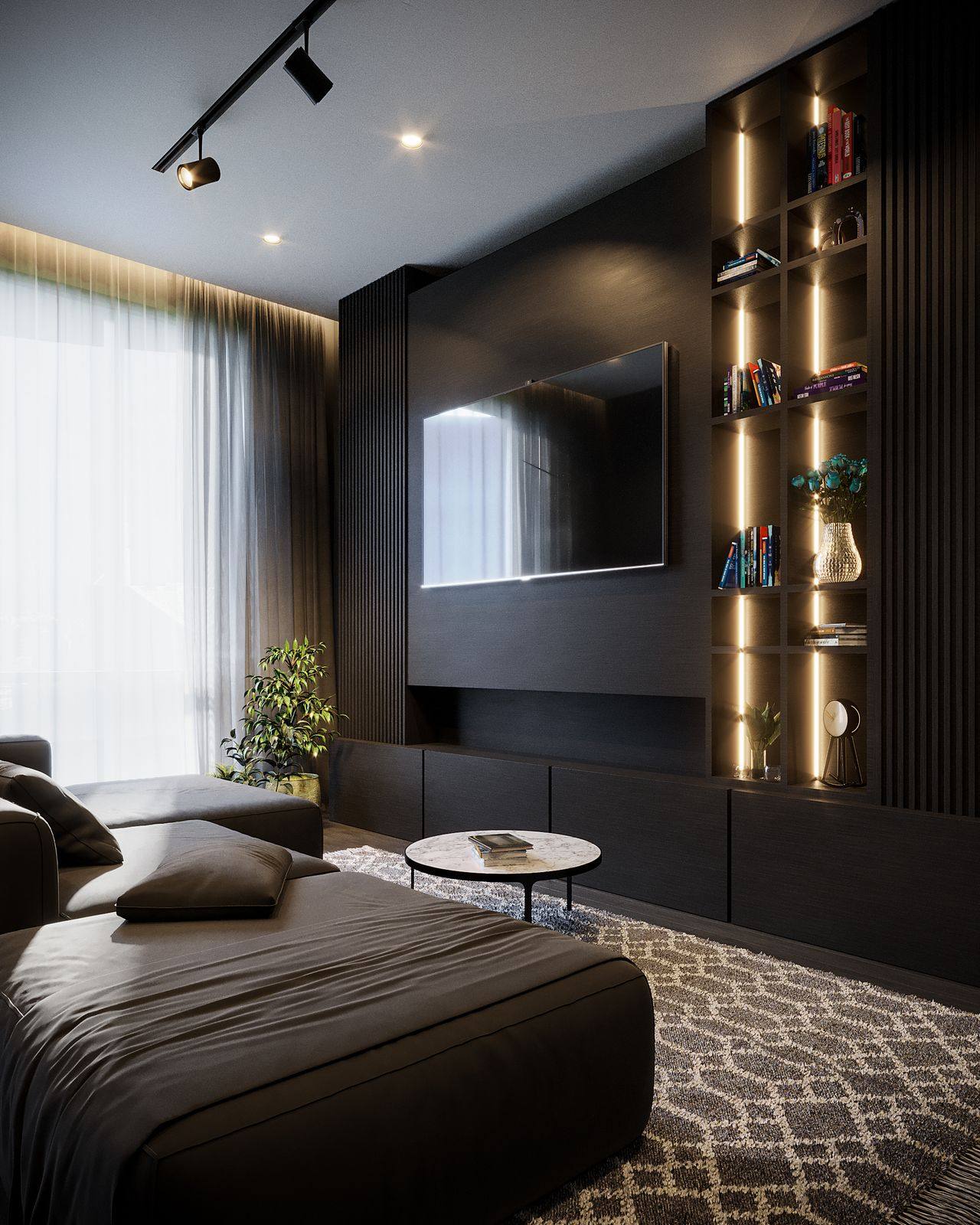 Sophisticated modern living space with warm architectural lighting
